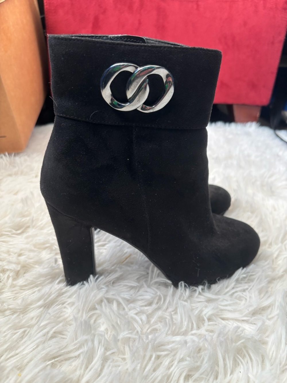 Black Suede Ankle Boots with Silver Accent